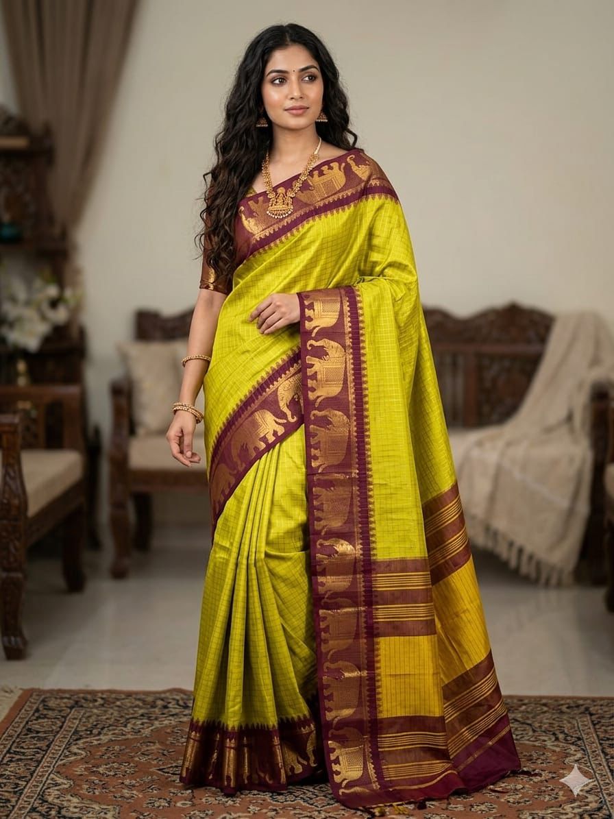 Coral Pink Handloom Cotton Silk Saree with Purple Gold Zari Checkered Weave